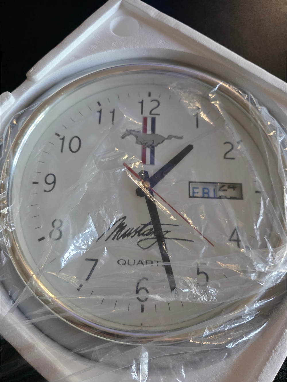 Ford White Wall Clock with Black Hands and Red Accent Racing Stripe